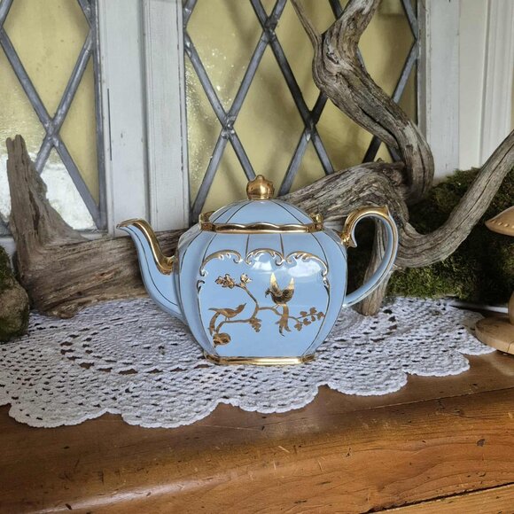 RARE 1930s Sadler Cube Teapot from England - Blue, 24KT Gold Gilding, with Birds - Picture 3 of 15